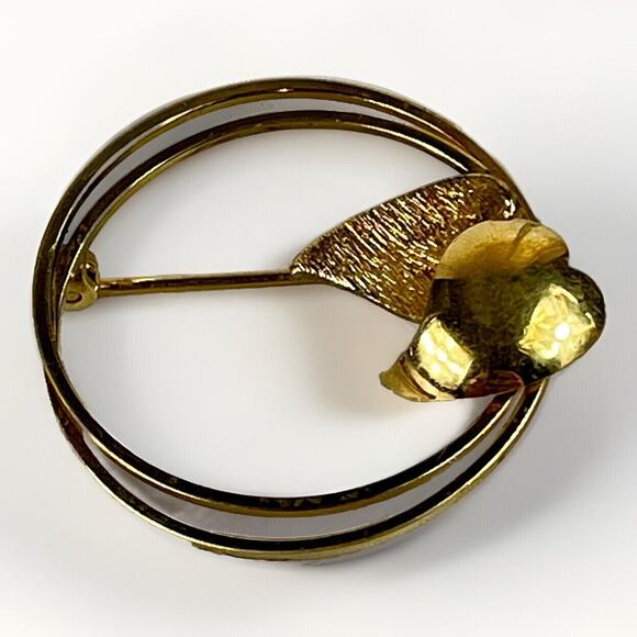 Beautiful 10K Yellow Gold Filled Brooch Pin - Circle Pin Flowers Leaves Pin VTG - Picture 7 of 9